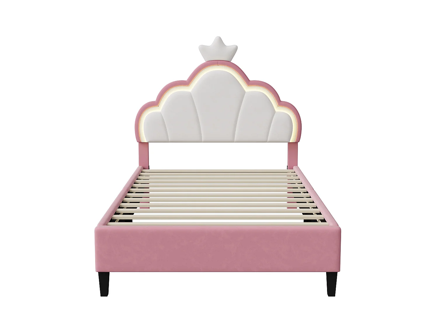 DreamMespace Lit Rembourré 90x200 cm - Lit Enfant Couronne avec Éclairage LED RGB et Sommier, Velours Rose