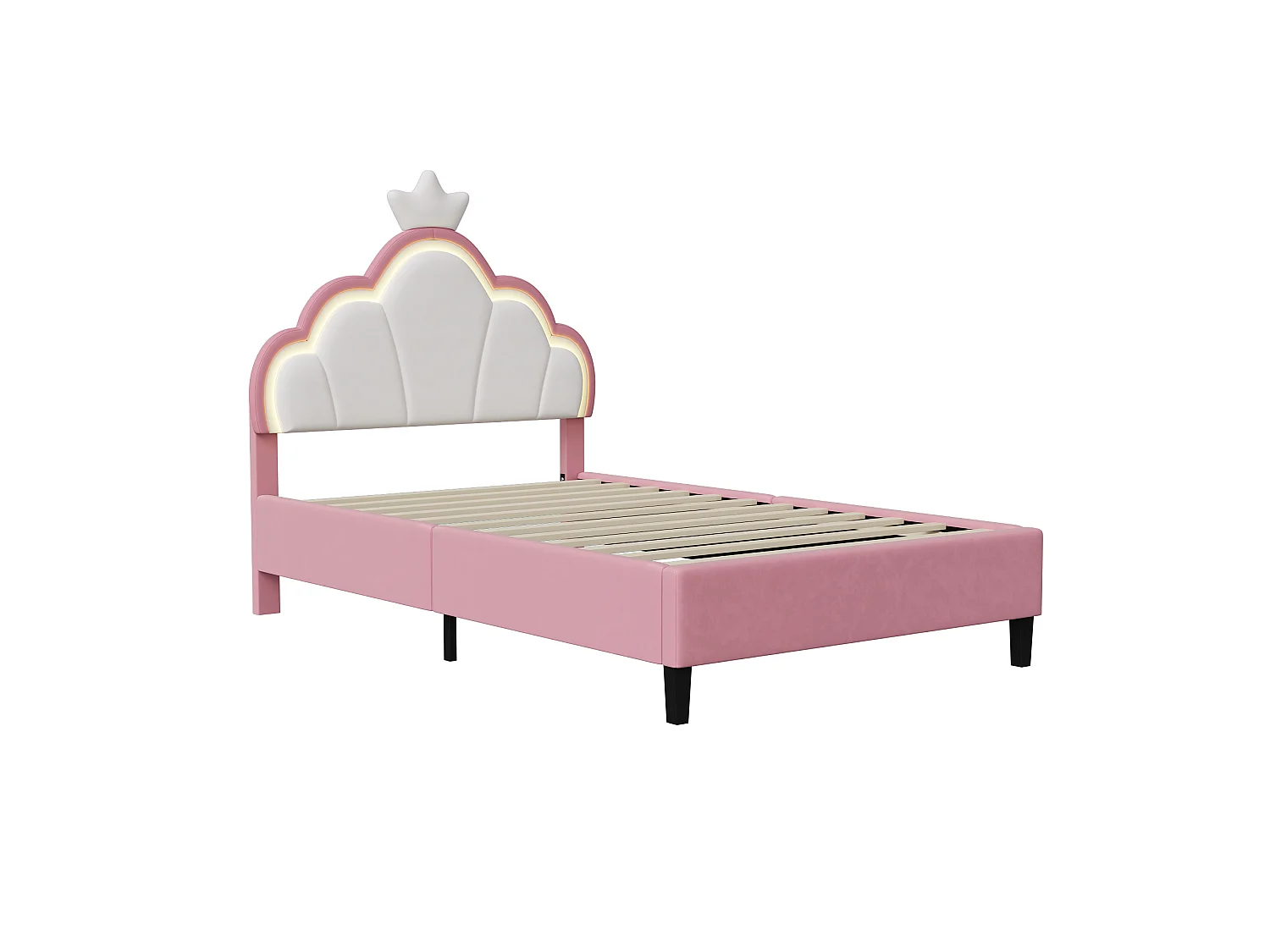 DreamMespace Lit Rembourré 90x200 cm - Lit Enfant Couronne avec Éclairage LED RGB et Sommier, Velours Rose