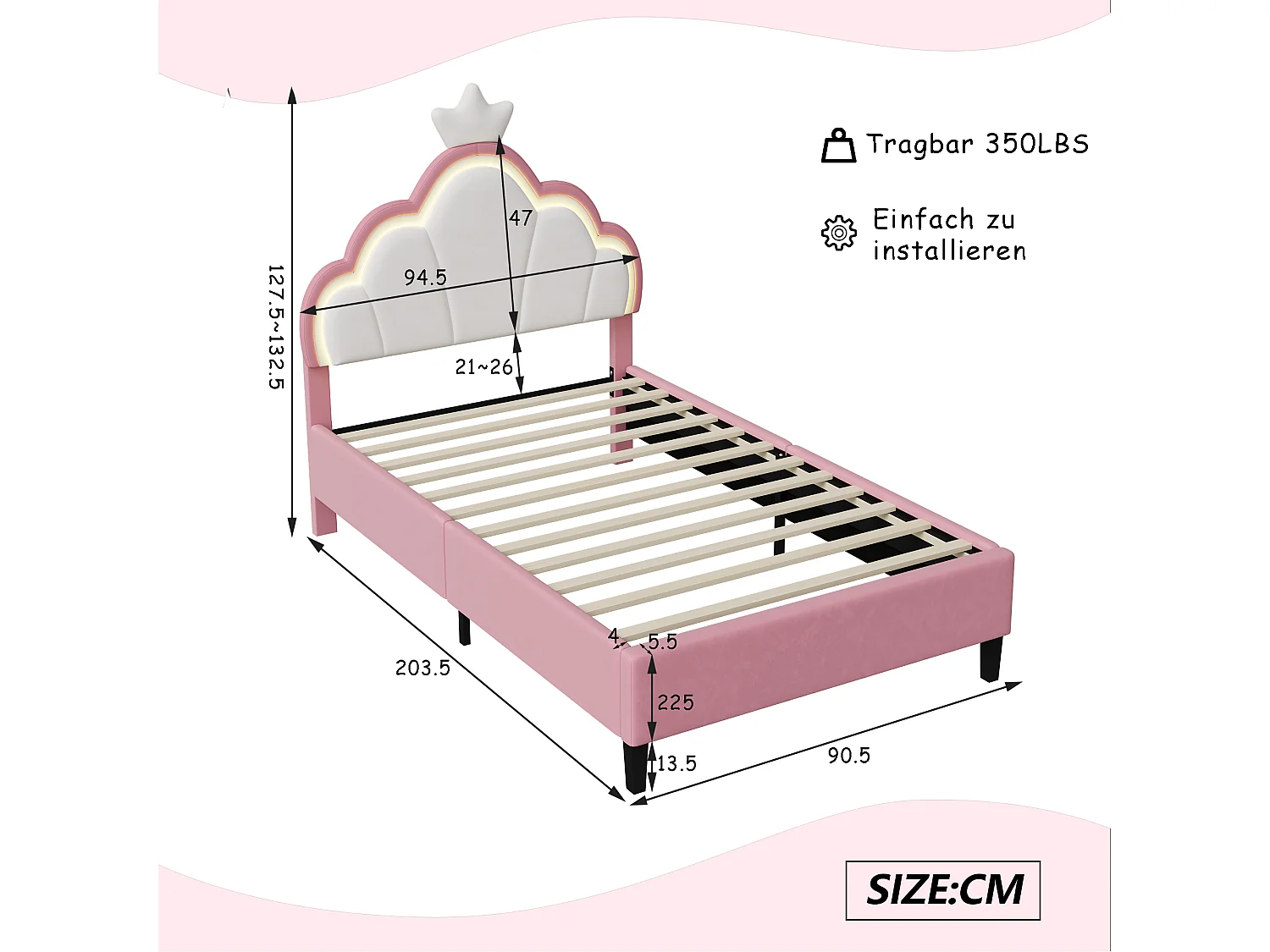 DreamMespace Lit Rembourré 90x200 cm - Lit Enfant Couronne avec Éclairage LED RGB et Sommier, Velours Rose