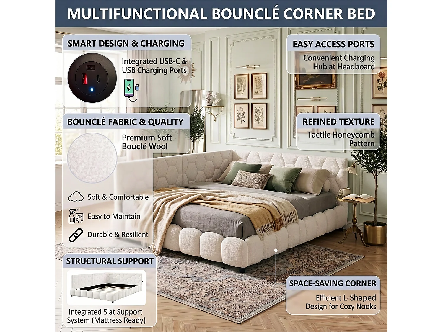 DreamMespace Lit Banquette 140x200 cm - Canapé Lit Double avec LED RGB & Port USB Type-C, Tissu Bouclette Blanc