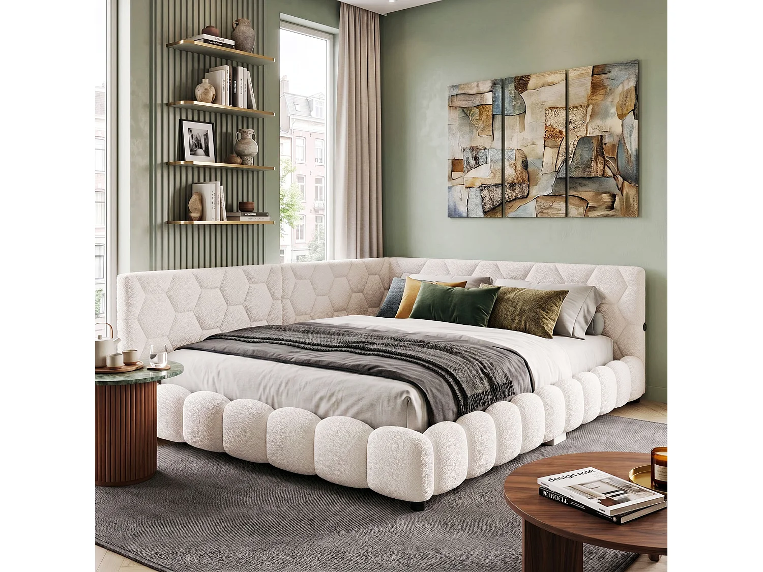 DreamMespace Lit Banquette 140x200 cm - Canapé Lit Double avec LED RGB & Port USB Type-C, Tissu Bouclette Blanc