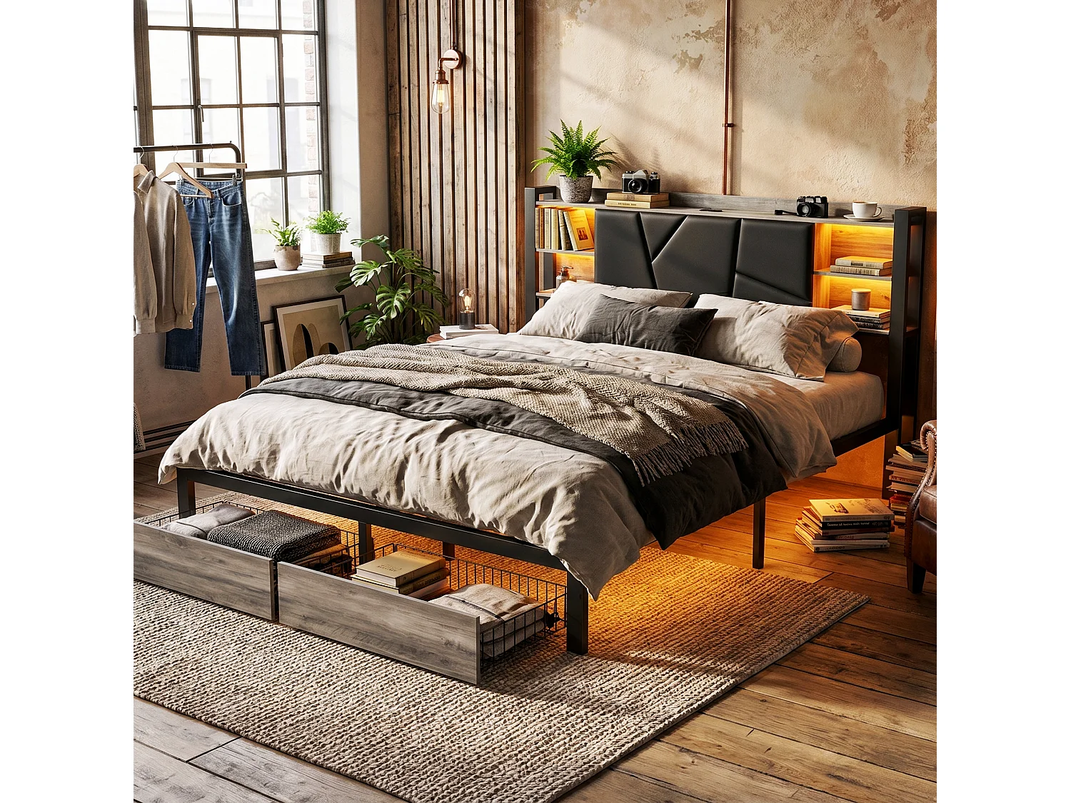 DreamMespace Lit Double 160x200 cm Queen Size avec 2 Tiroirs - Lit Métal Industriel avec Tête de Lit LED & USB-C, Noir et Chêne