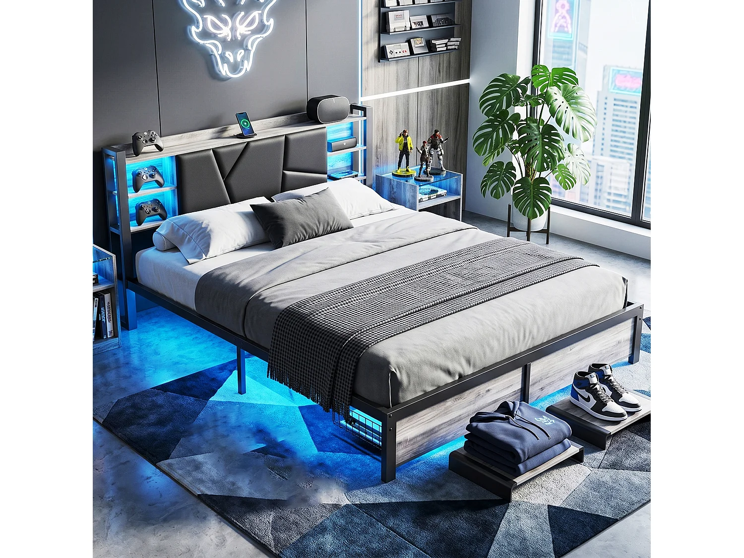 DreamMespace Lit Double 160x200 cm Queen Size avec 2 Tiroirs - Lit Métal Industriel avec Tête de Lit LED & USB-C, Noir et Chêne