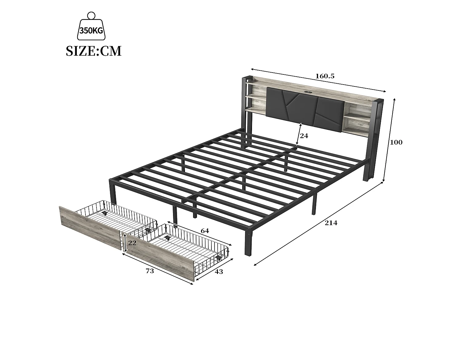 DreamMespace Lit Double 160x200 cm Queen Size avec 2 Tiroirs - Lit Métal Industriel avec Tête de Lit LED & USB-C, Noir et Chêne