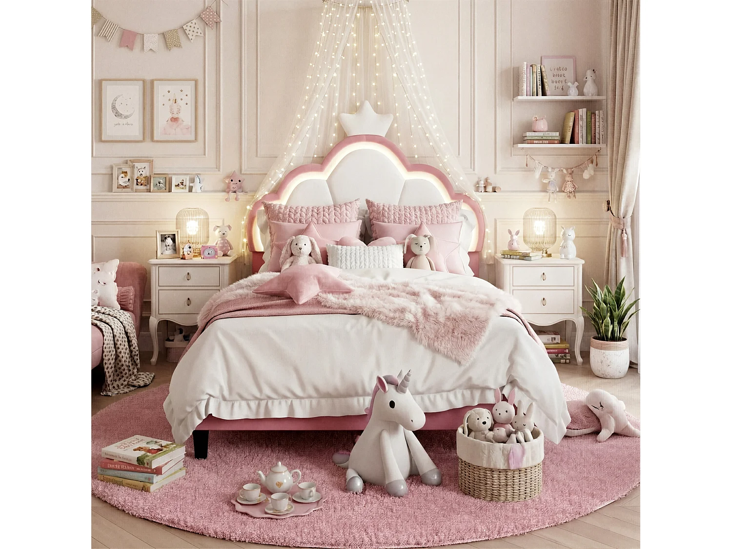 DreamMespace Lit Enfant Couronne 90x190 cm - Lit Rembourré LED RGB avec Sommier, Meuble de Rangement Rose et Blanc