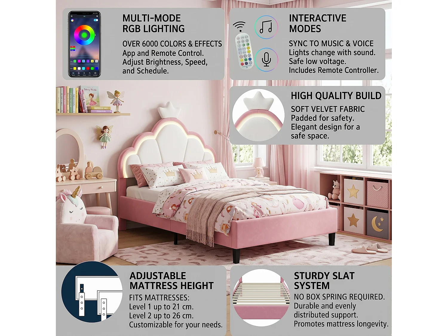 DreamMespace Lit Enfant Couronne 90x190 cm - Lit Rembourré LED RGB avec Sommier, Meuble de Rangement Rose et Blanc