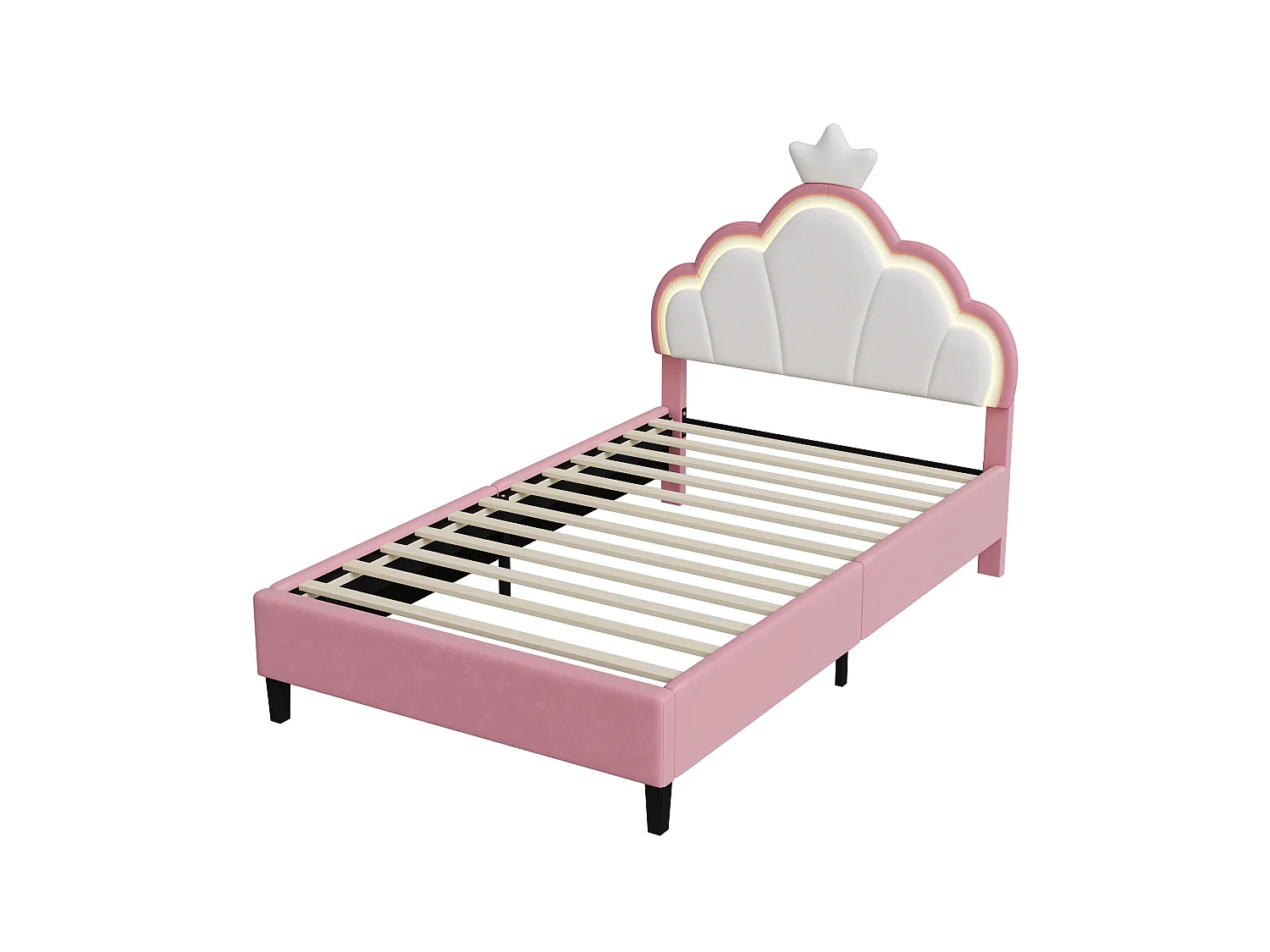 DreamMespace Lit Enfant Couronne 90x190 cm - Lit Rembourré LED RGB avec Sommier, Meuble de Rangement Rose et Blanc