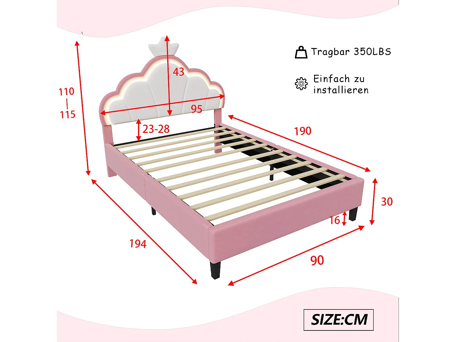 DreamMespace Lit Enfant Couronne 90x190 cm - Lit Rembourré LED RGB avec Sommier, Meuble de Rangement Rose et Blanc