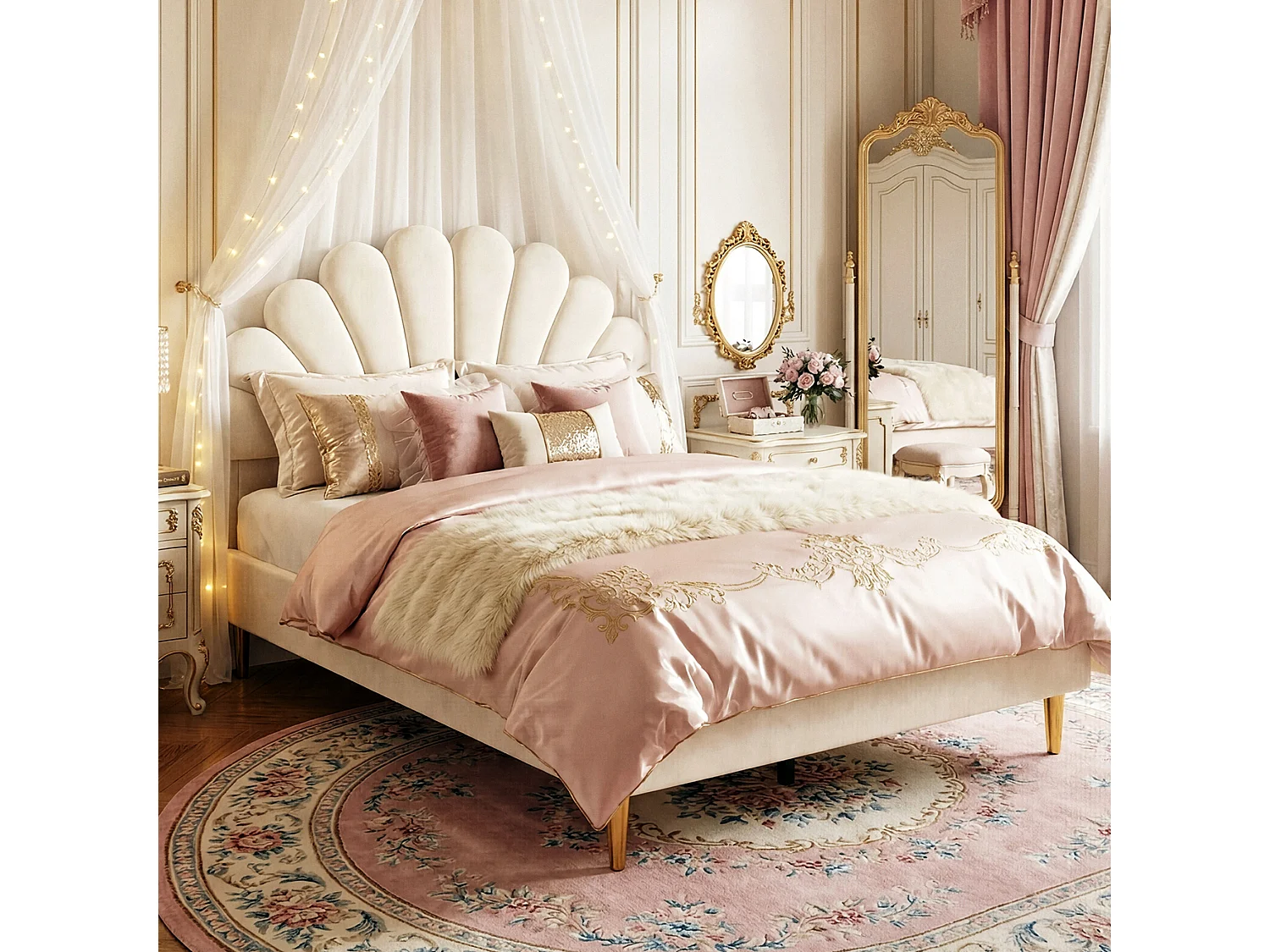 DreamMespace Lit Rembourré 140x200 cm - Cadre de Lit 2 Personnes Fleur Scallopée & Tête de Lit Réglable, Velours Beige