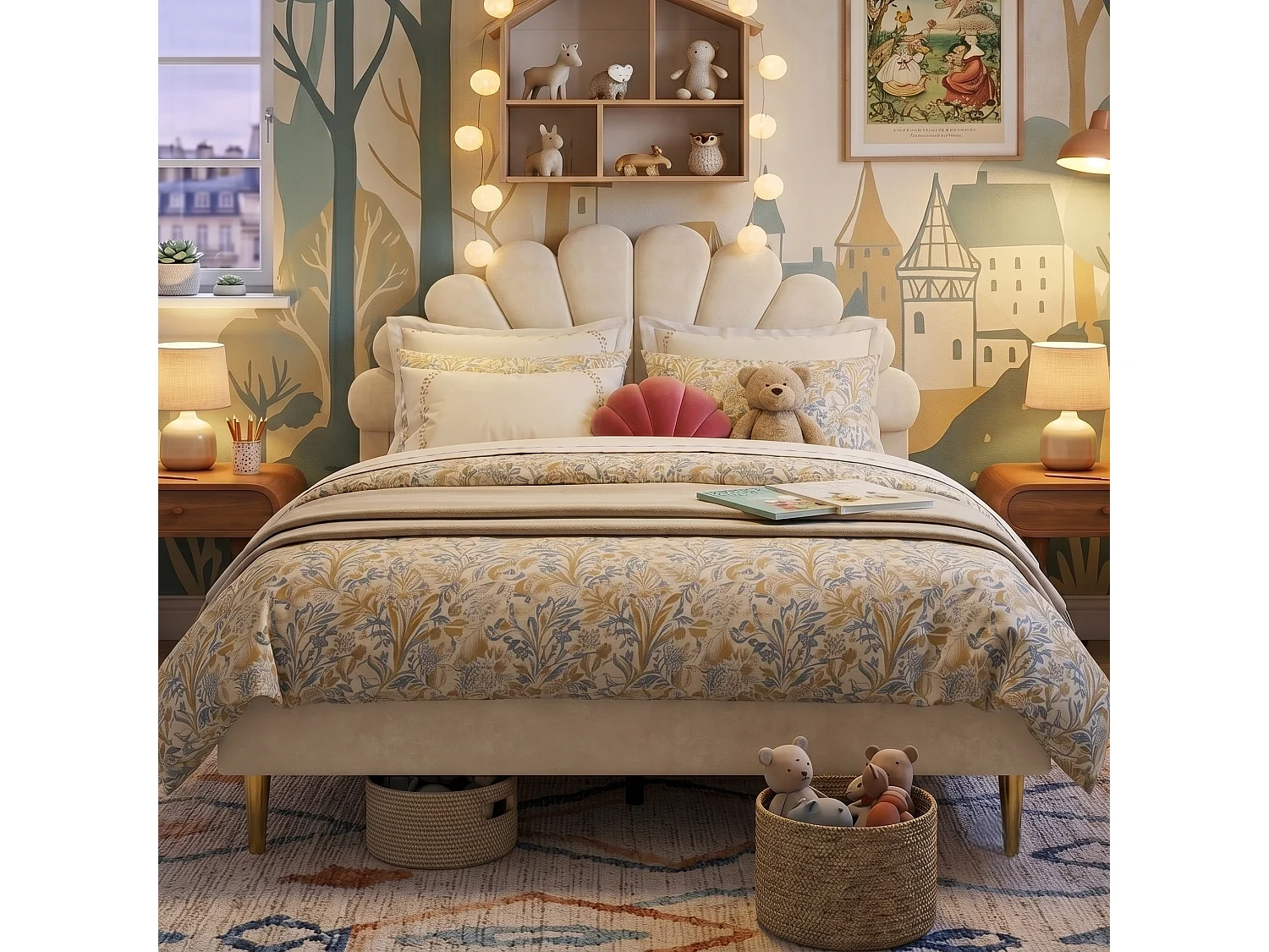 DreamMespace Lit Rembourré 140x200 cm - Cadre de Lit 2 Personnes Fleur Scallopée & Tête de Lit Réglable, Velours Beige