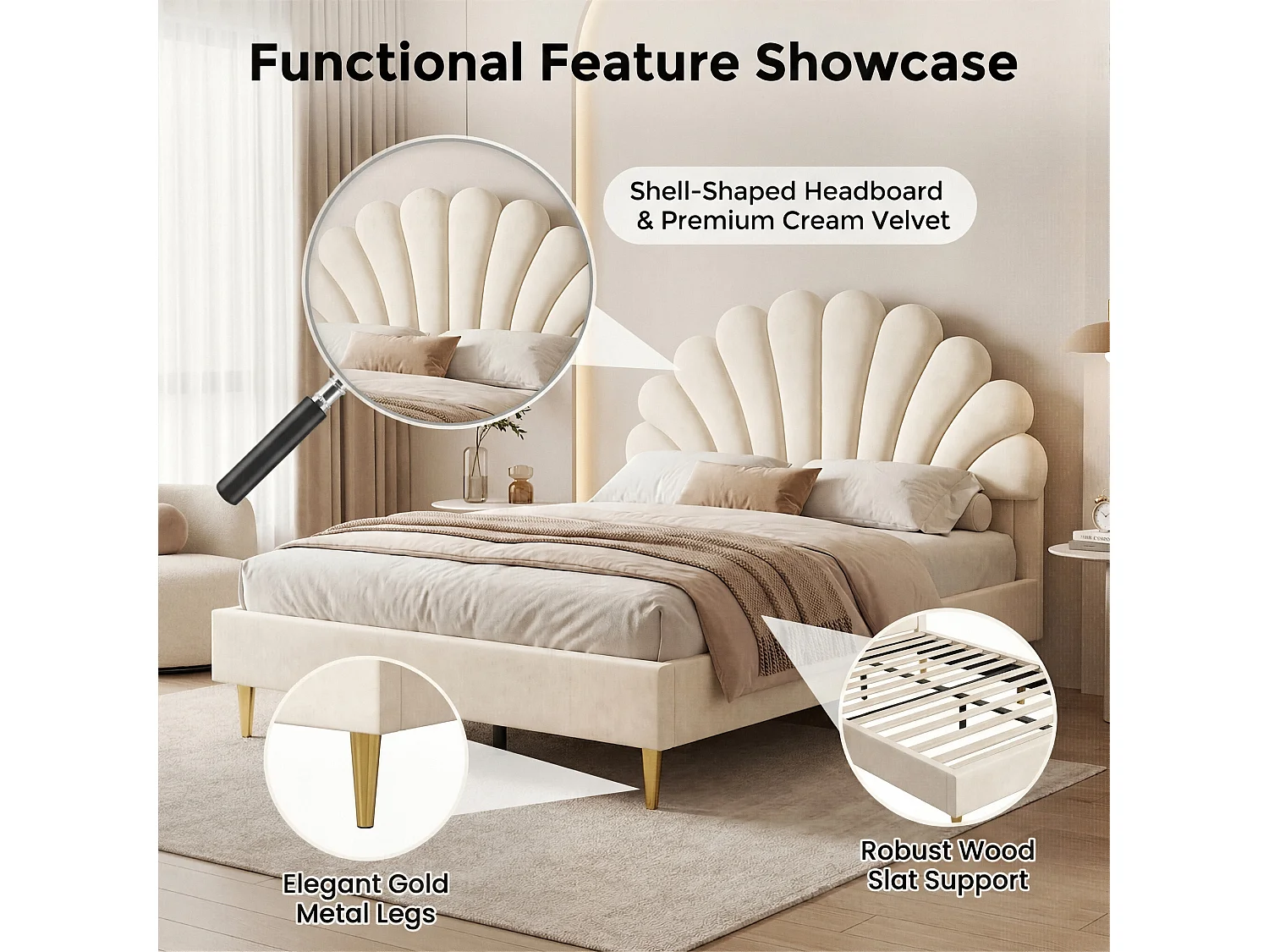 DreamMespace Lit Rembourré 140x200 cm - Cadre de Lit 2 Personnes Fleur Scallopée & Tête de Lit Réglable, Velours Beige