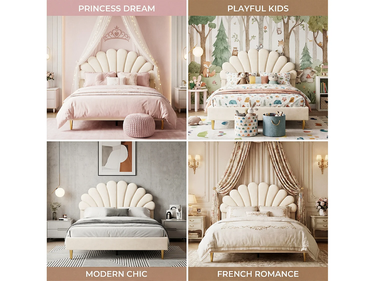 DreamMespace Lit Rembourré 140x200 cm - Cadre de Lit 2 Personnes Fleur Scallopée & Tête de Lit Réglable, Velours Beige