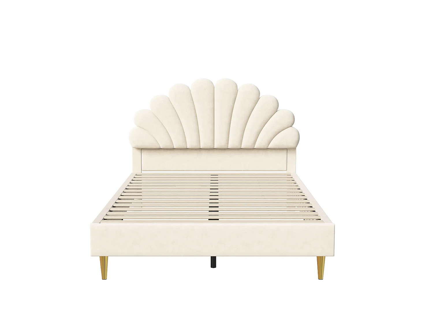 DreamMespace Lit Rembourré 140x200 cm - Cadre de Lit 2 Personnes Fleur Scallopée & Tête de Lit Réglable, Velours Beige