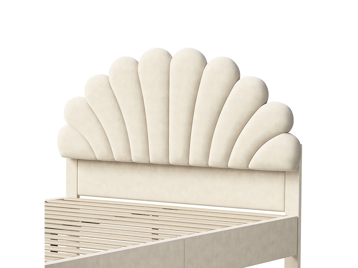DreamMespace Lit Rembourré 140x200 cm - Cadre de Lit 2 Personnes Fleur Scallopée & Tête de Lit Réglable, Velours Beige