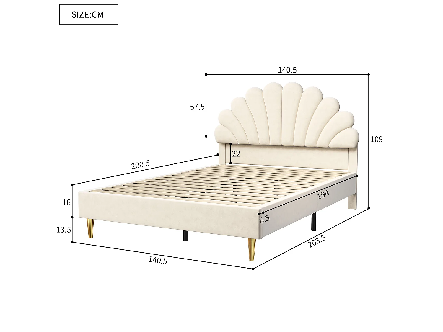DreamMespace Lit Rembourré 140x200 cm - Cadre de Lit 2 Personnes Fleur Scallopée & Tête de Lit Réglable, Velours Beige