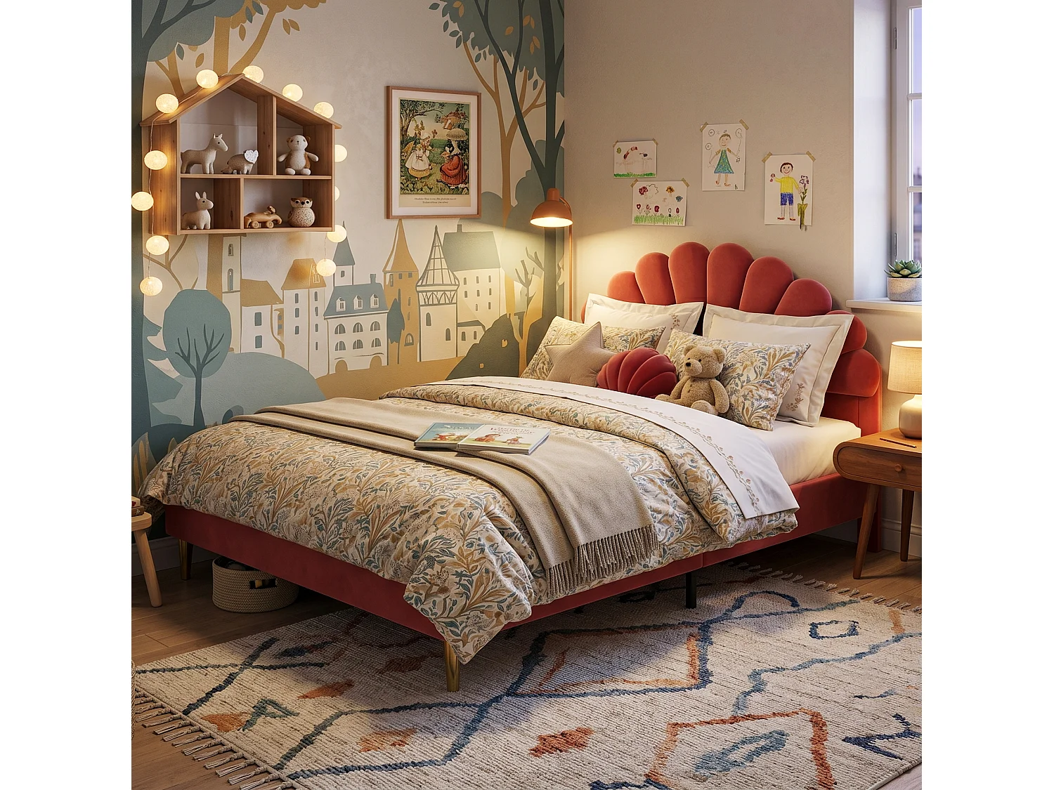 DreamMespace Lit Rembourré 140x200 cm - Cadre de Lit 2 Personnes Fleur Scallopée & Tête de Lit Réglable, Velours Bordeaux