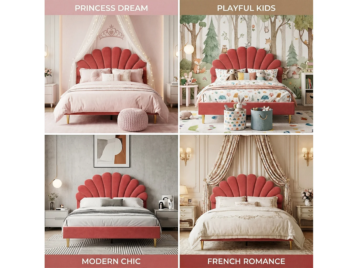 DreamMespace Lit Rembourré 140x200 cm - Cadre de Lit 2 Personnes Fleur Scallopée & Tête de Lit Réglable, Velours Bordeaux