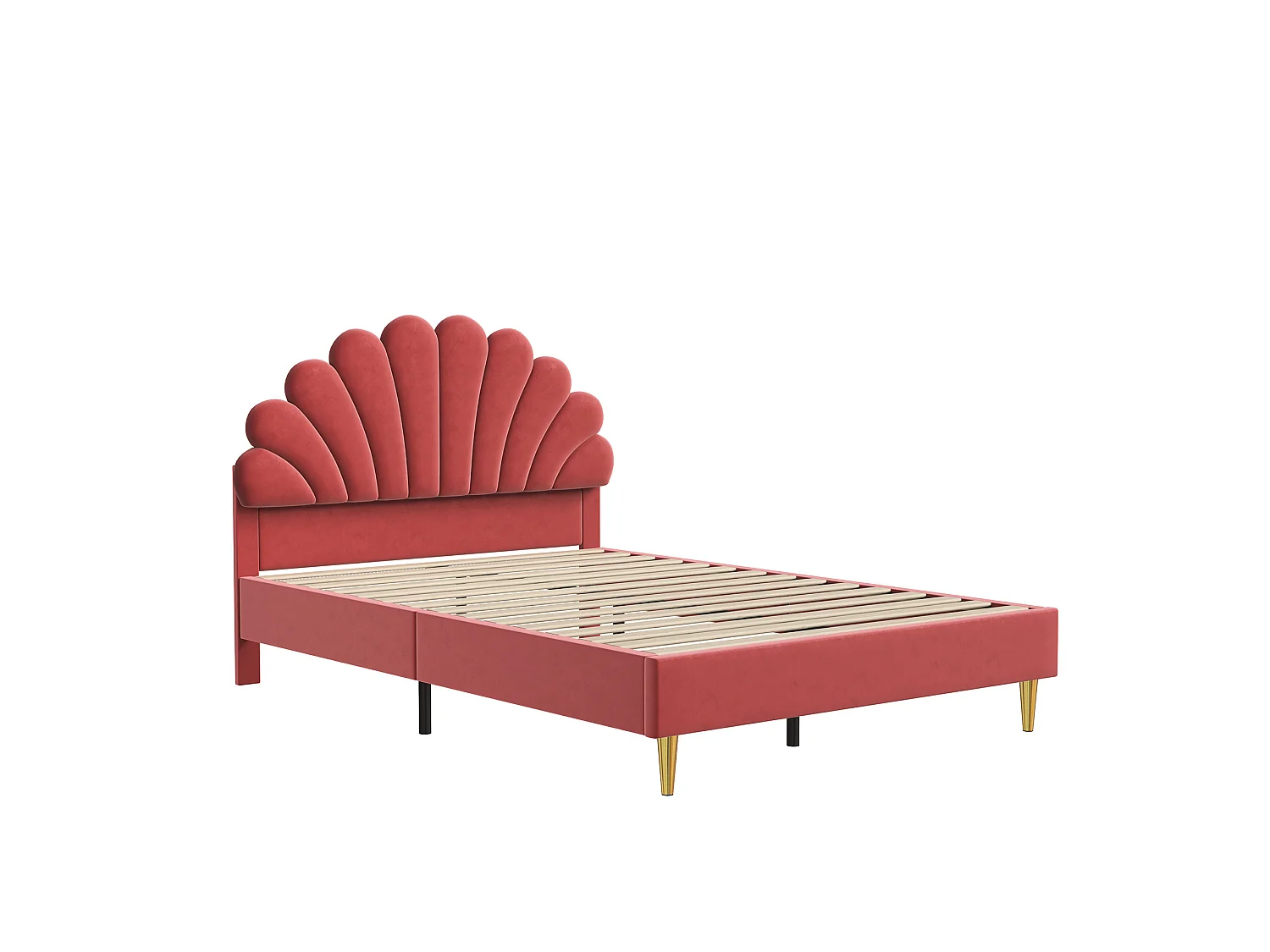 DreamMespace Lit Rembourré 140x200 cm - Cadre de Lit 2 Personnes Fleur Scallopée & Tête de Lit Réglable, Velours Bordeaux