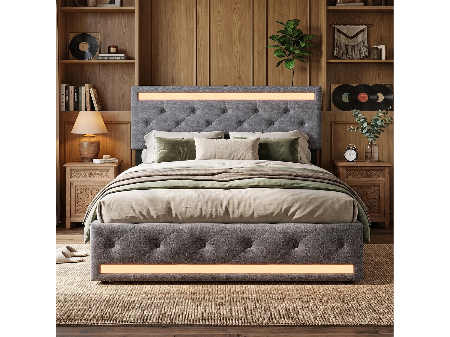DreamMespace Lit Double 140x190 cm avec 4 Tiroirs - Lit Coffre LED Double Zone & Prises USB Type-C, Tissu Lin Gris Foncé