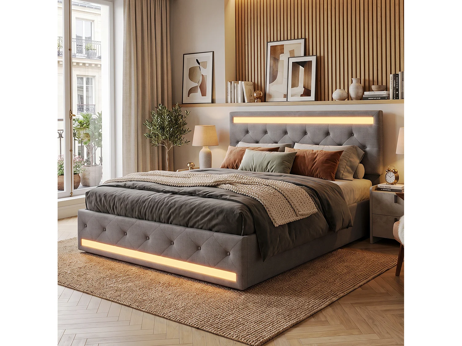 DreamMespace Lit Double 140x190 cm avec 4 Tiroirs - Lit Coffre LED Double Zone & Prises USB Type-C, Tissu Lin Gris Foncé