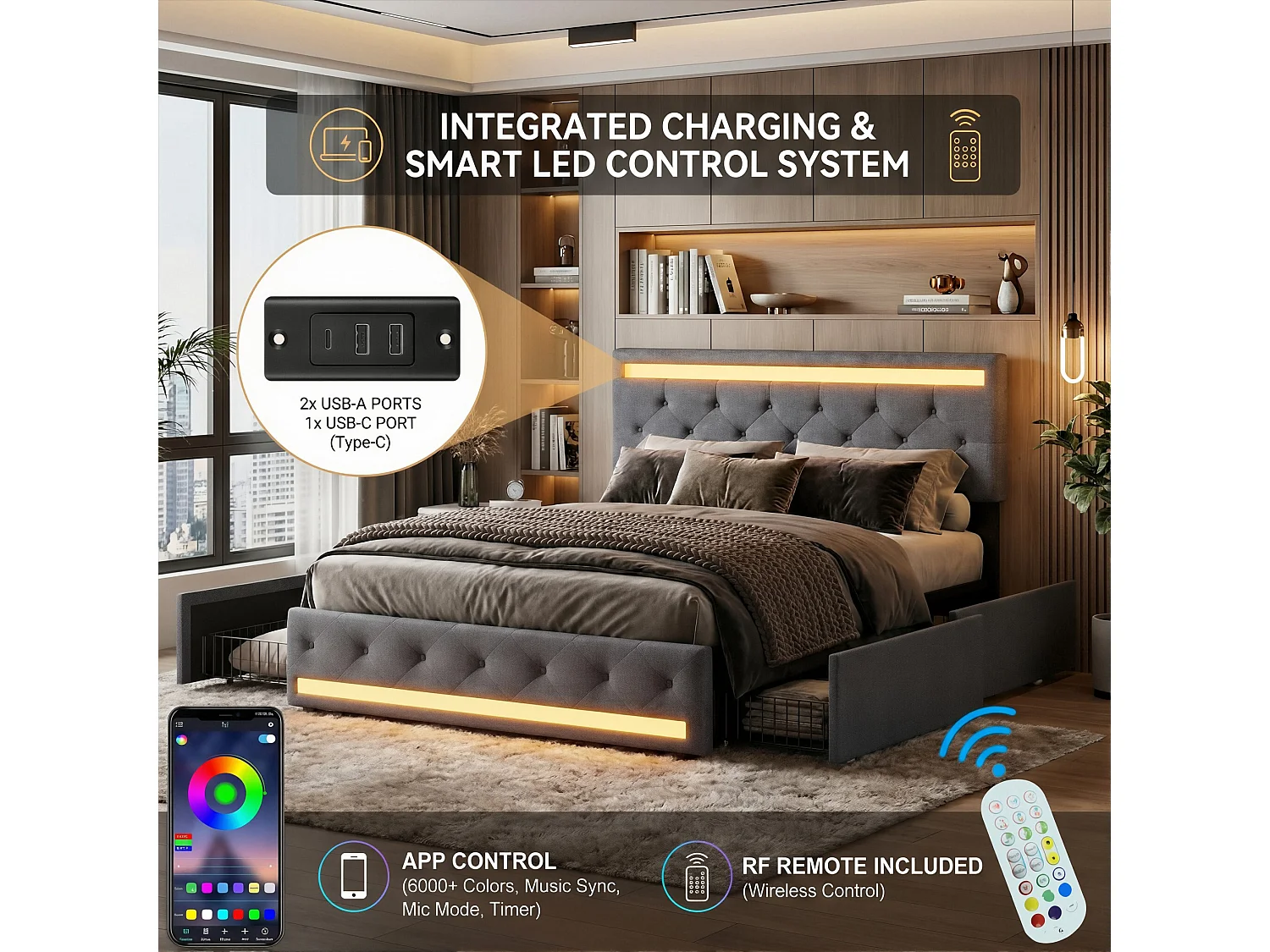 DreamMespace Lit Double 140x190 cm avec 4 Tiroirs - Lit Coffre LED Double Zone & Prises USB Type-C, Tissu Lin Gris Foncé