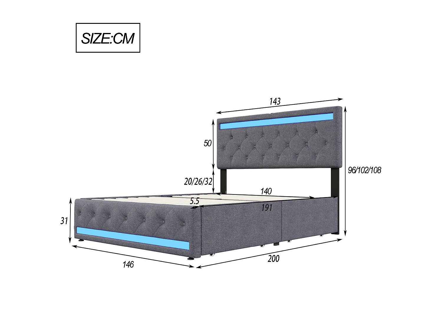 DreamMespace Lit Double 140x190 cm avec 4 Tiroirs - Lit Coffre LED Double Zone & Prises USB Type-C, Tissu Lin Gris Foncé