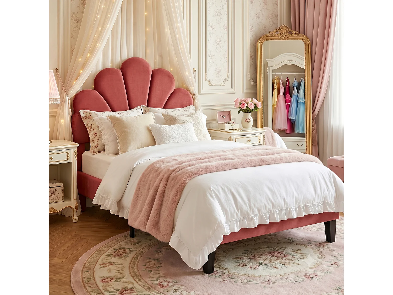 DreamMespace Lit Rembourré 90x200 cm - Lit Enfant Fleur Scallopée & Tête de Lit Réglable, Velours Bordeaux