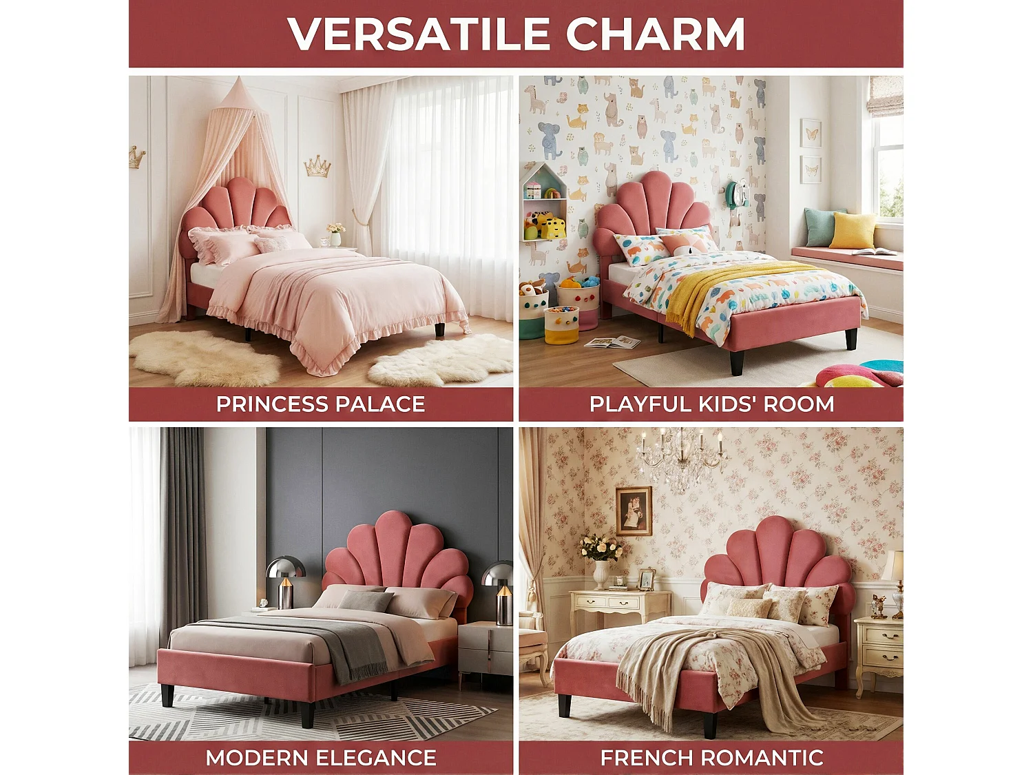 DreamMespace Lit Rembourré 90x200 cm - Lit Enfant Fleur Scallopée & Tête de Lit Réglable, Velours Bordeaux