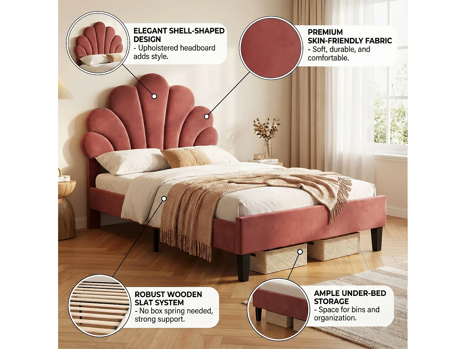 DreamMespace Lit Rembourré 90x200 cm - Lit Enfant Fleur Scallopée & Tête de Lit Réglable, Velours Bordeaux