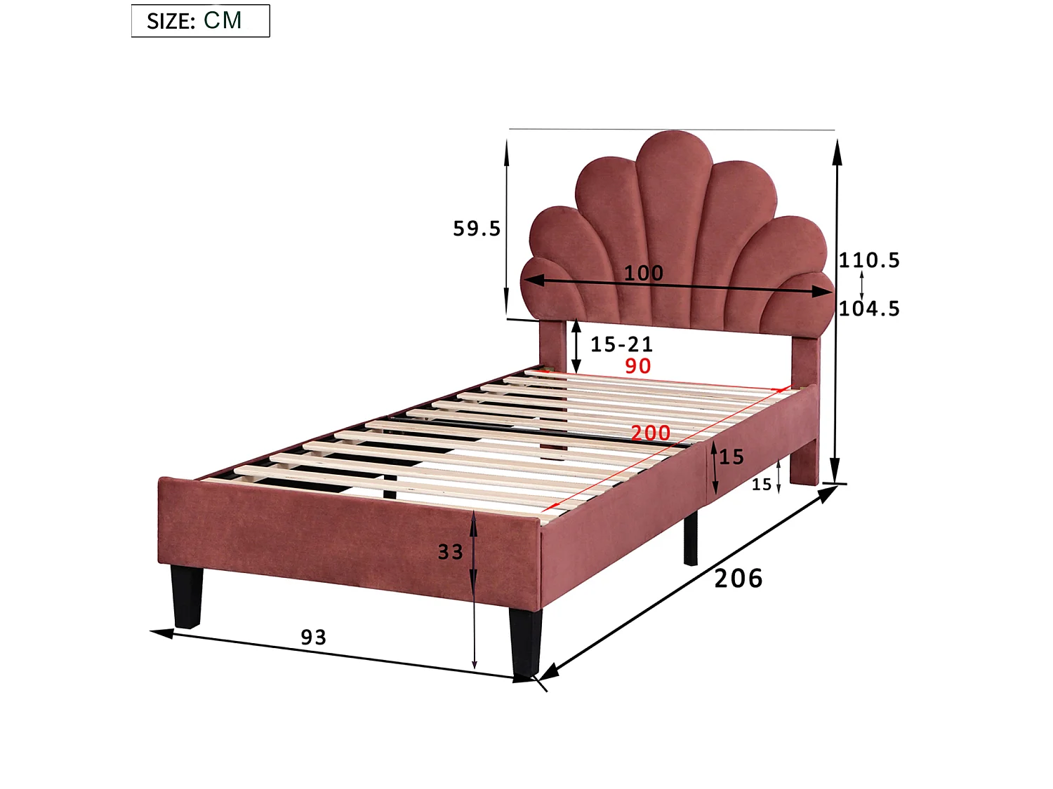 DreamMespace Lit Rembourré 90x200 cm - Lit Enfant Fleur Scallopée & Tête de Lit Réglable, Velours Bordeaux