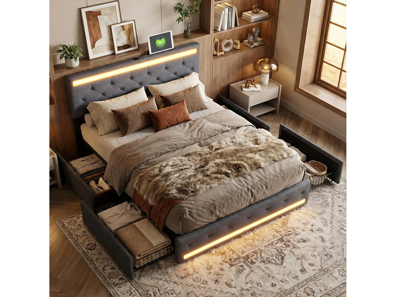 DreamMespace Lit Double 140x200 cm avec 4 Tiroirs - Lit Coffre LED Double Zone & Prises USB Type-C, Tissu Lin Gris Foncé