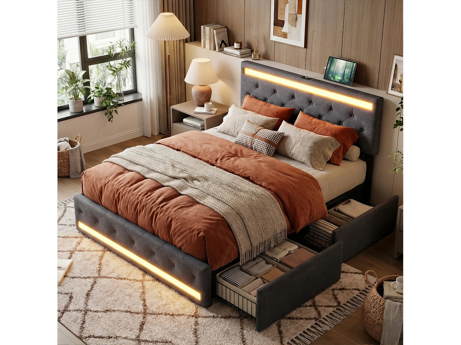 DreamMespace Lit Double 140x200 cm avec 4 Tiroirs - Lit Coffre LED Double Zone & Prises USB Type-C, Tissu Lin Gris Foncé