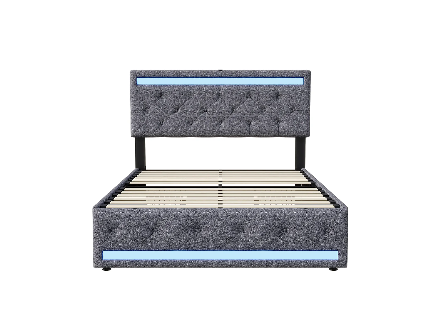 DreamMespace Lit Double 140x200 cm avec 4 Tiroirs - Lit Coffre LED Double Zone & Prises USB Type-C, Tissu Lin Gris Foncé