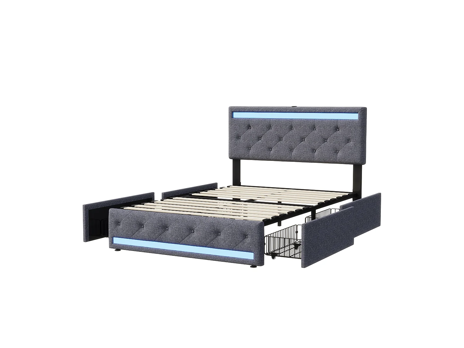 DreamMespace Lit Double 140x200 cm avec 4 Tiroirs - Lit Coffre LED Double Zone & Prises USB Type-C, Tissu Lin Gris Foncé