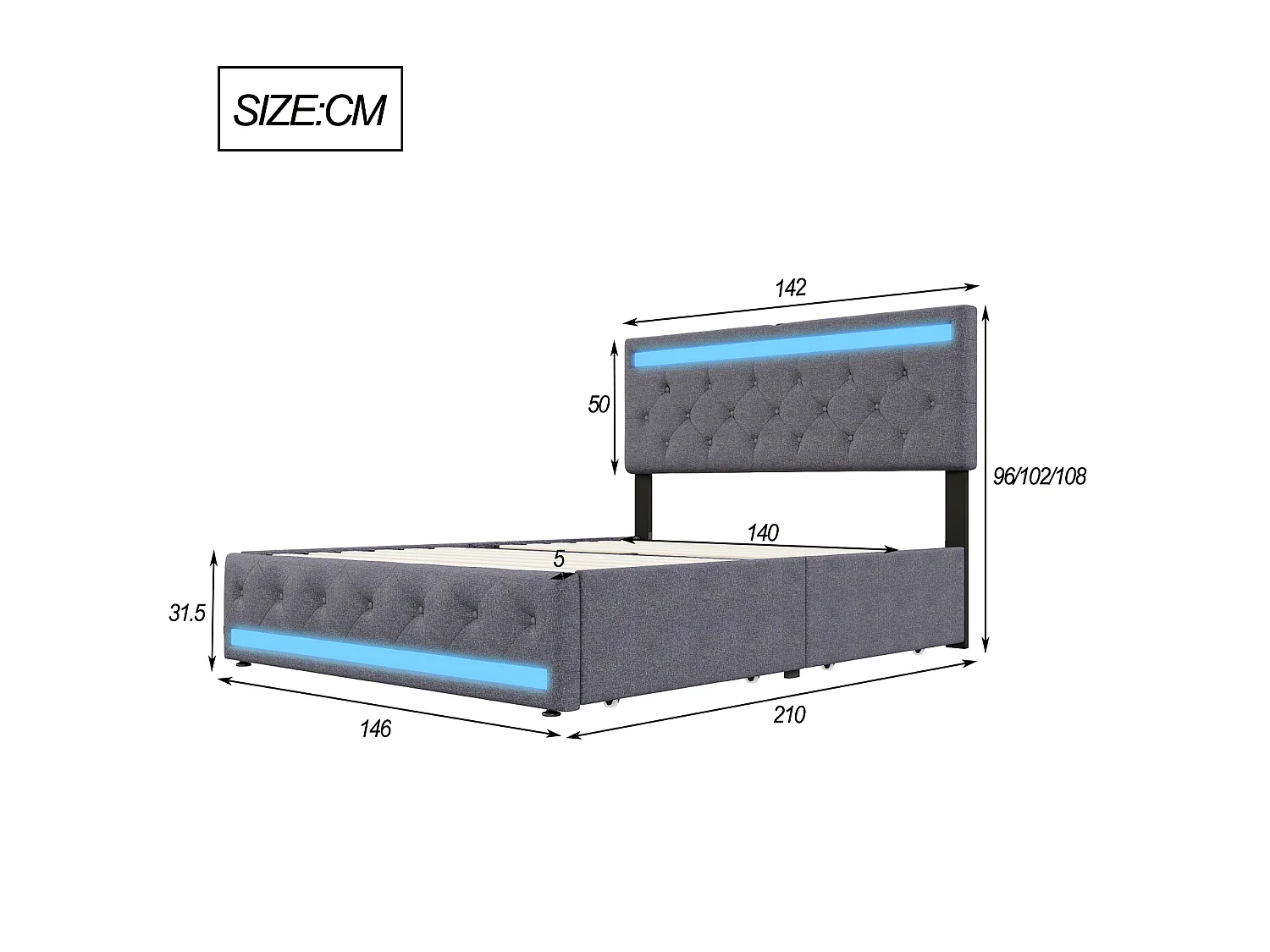 DreamMespace Lit Double 140x200 cm avec 4 Tiroirs - Lit Coffre LED Double Zone & Prises USB Type-C, Tissu Lin Gris Foncé