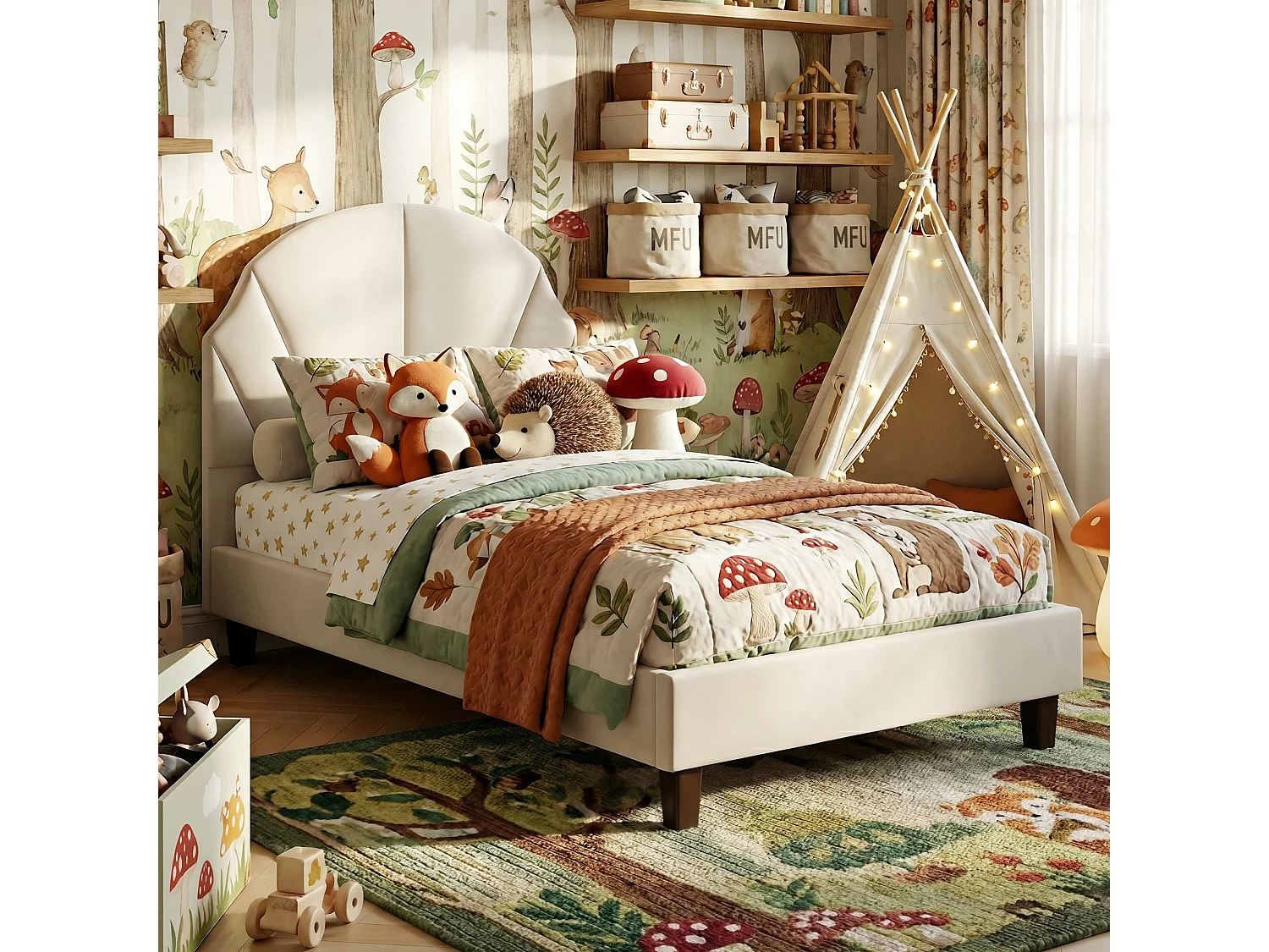 DreamMespace Lit Rembourré 90x200 cm - Lit Enfant Tête de Lit Réglable & Protection Douce, Velours Beige