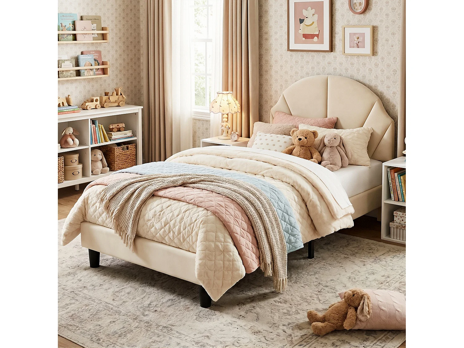 DreamMespace Lit Rembourré 90x200 cm - Lit Enfant Tête de Lit Réglable & Protection Douce, Velours Beige