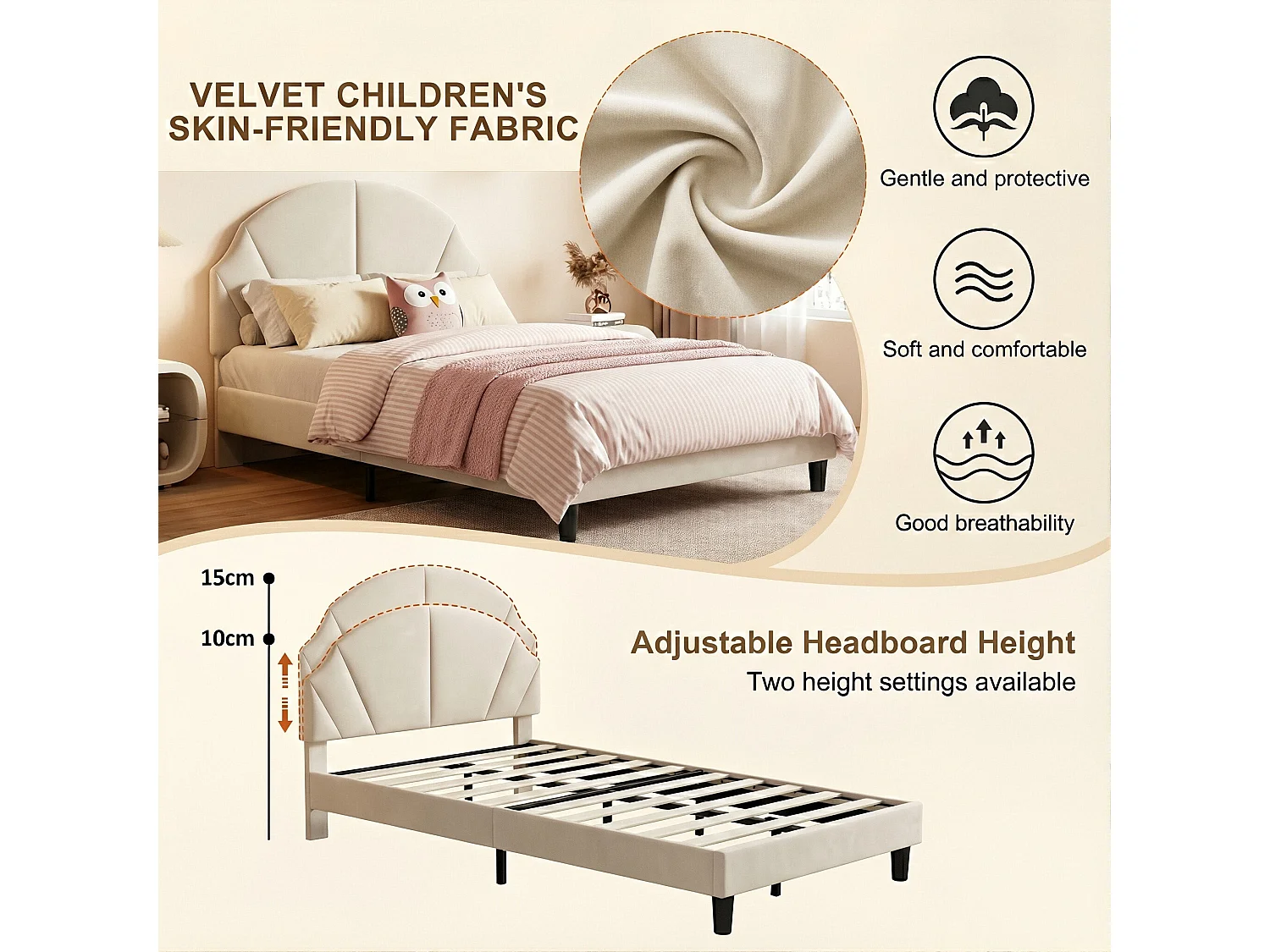 DreamMespace Lit Rembourré 90x200 cm - Lit Enfant Tête de Lit Réglable & Protection Douce, Velours Beige