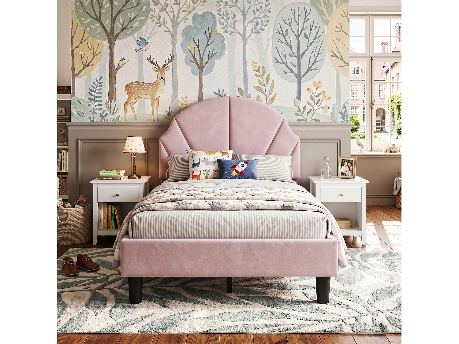 DreamMespace Lit Rembourré 90x190 cm - Lit Enfant Tête de Lit Réglable & Protection Douce, Velours Rose