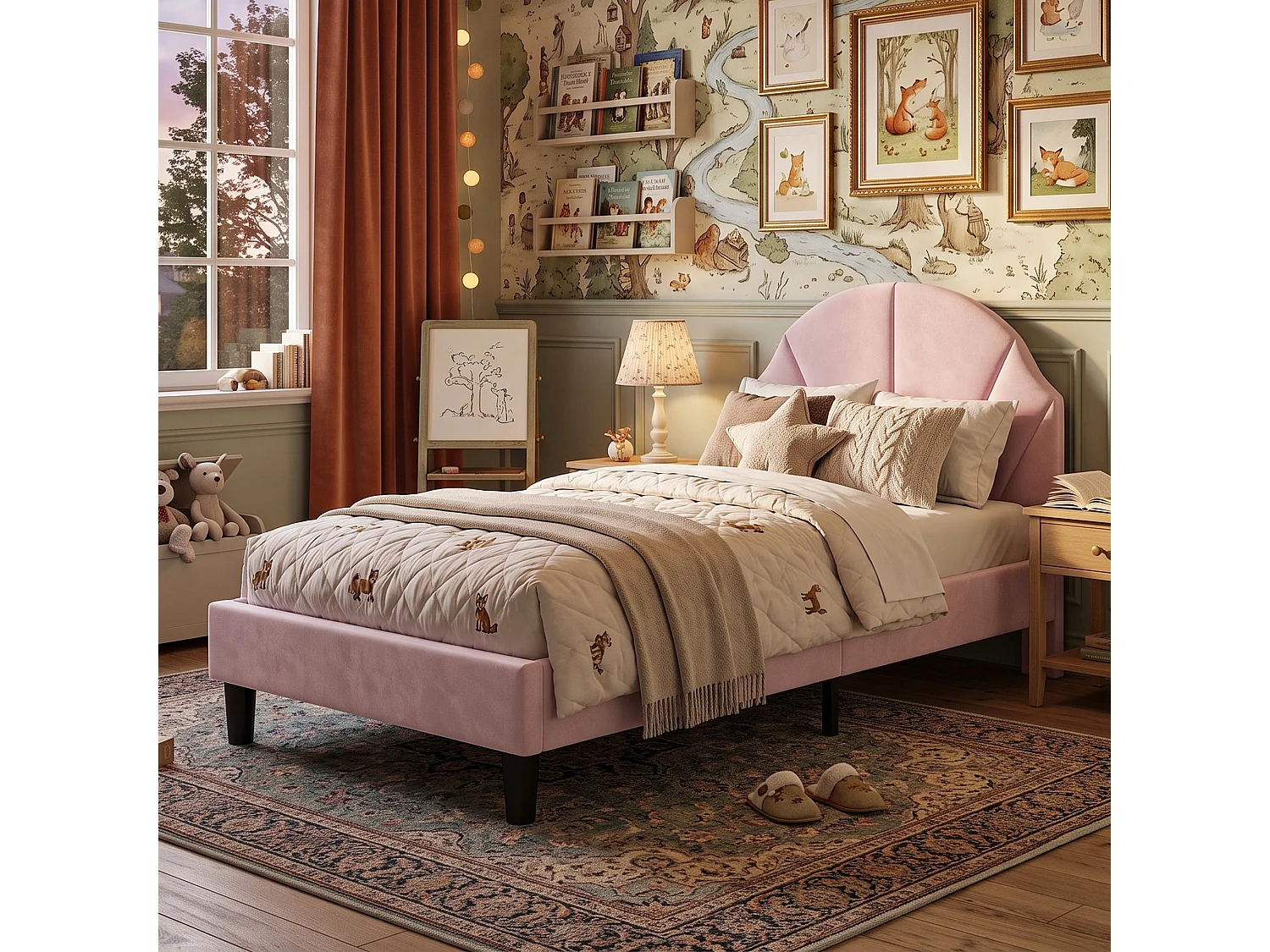 DreamMespace Lit Rembourré 90x190 cm - Lit Enfant Tête de Lit Réglable & Protection Douce, Velours Rose