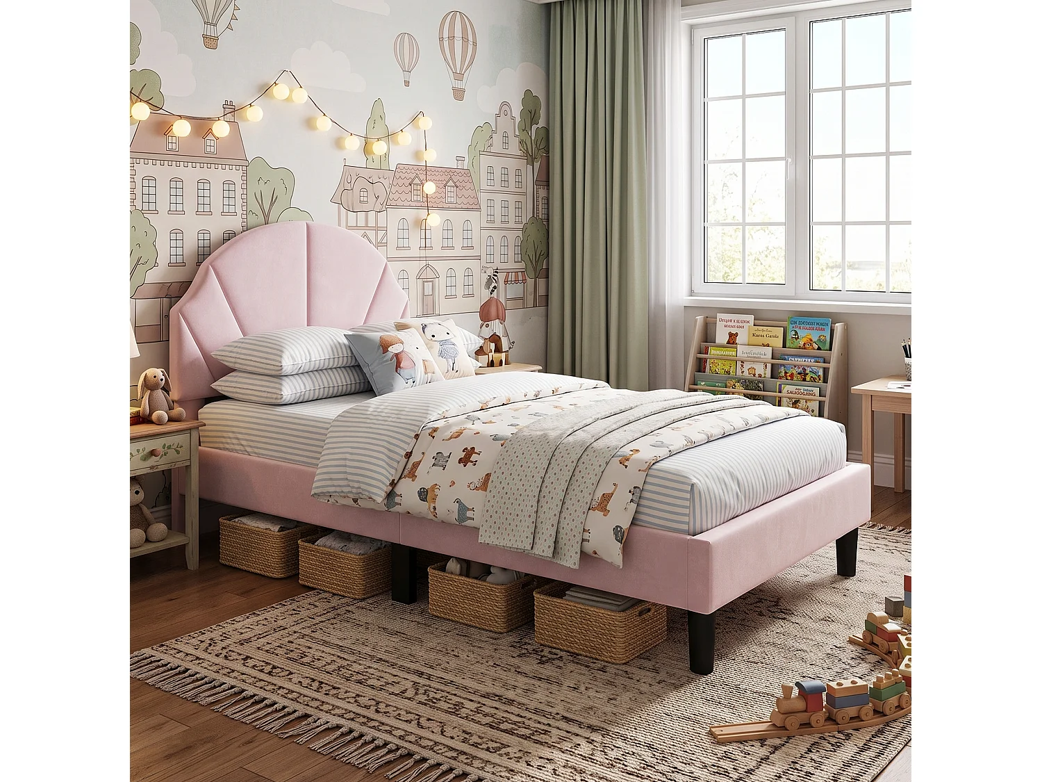 DreamMespace Lit Rembourré 90x190 cm - Lit Enfant Tête de Lit Réglable & Protection Douce, Velours Rose