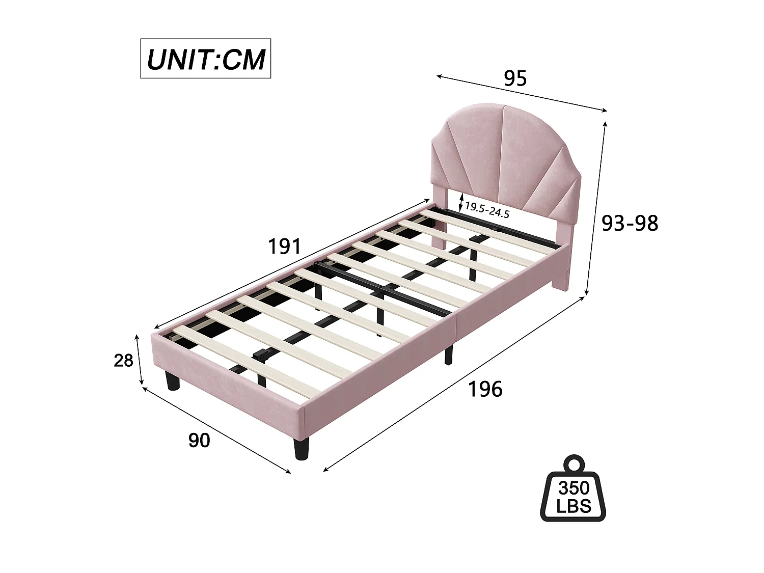DreamMespace Lit Rembourré 90x190 cm - Lit Enfant Tête de Lit Réglable & Protection Douce, Velours Rose