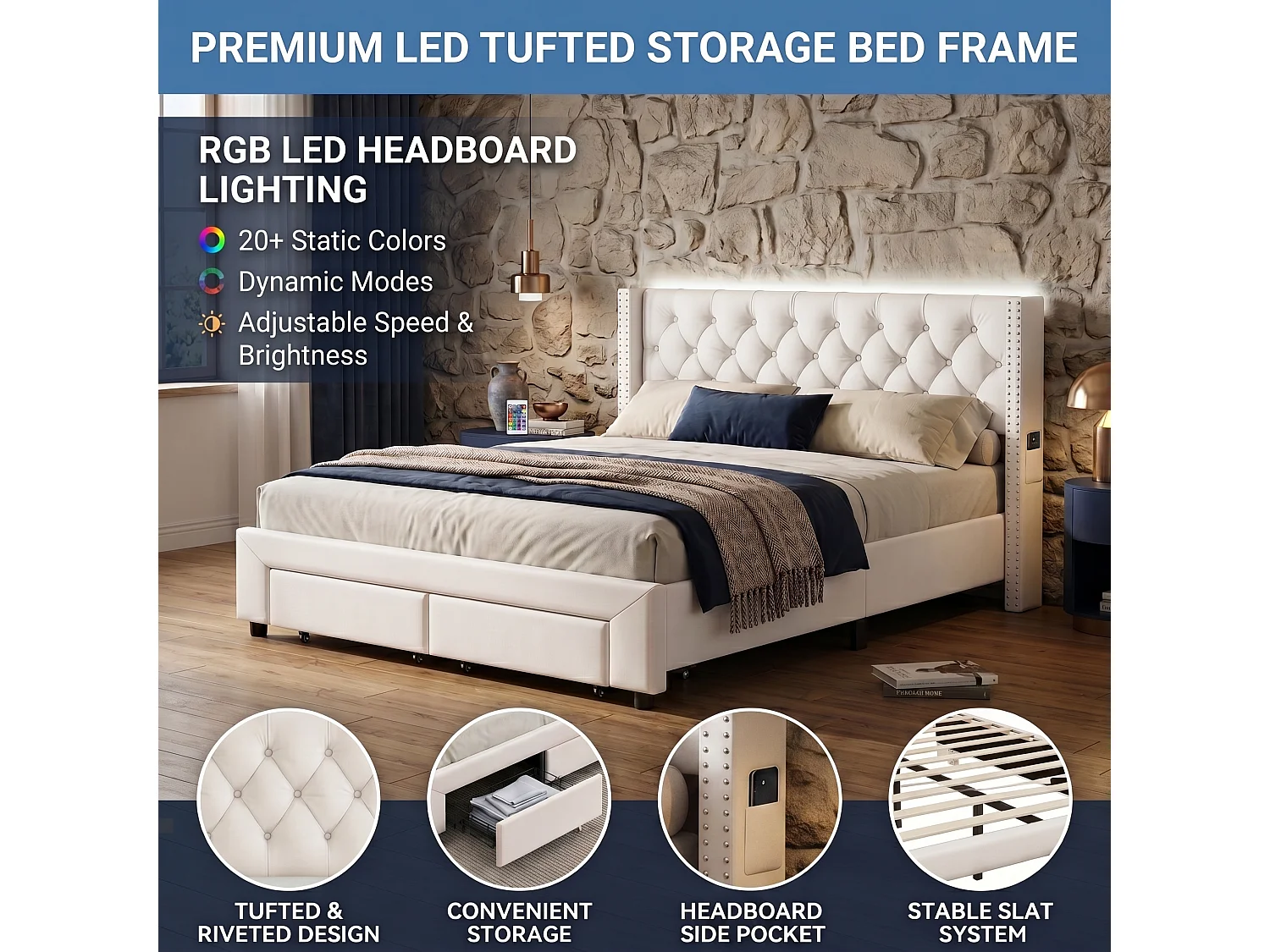 DreamMespace Cadre de Lit 140x190 cm - Lit Coffre 2 Tiroirs avec Prise USB & LED RGB, Capitonnage Velours Beige