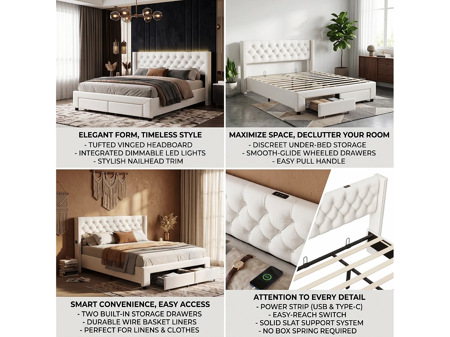 DreamMespace Cadre de Lit 140x190 cm - Lit Coffre 2 Tiroirs avec Prise USB & LED RGB, Capitonnage Velours Beige