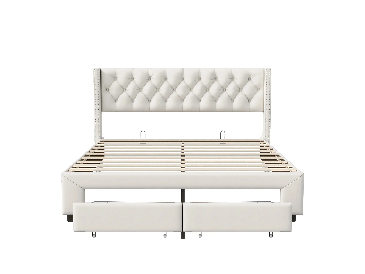DreamMespace Cadre de Lit 140x190 cm - Lit Coffre 2 Tiroirs avec Prise USB & LED RGB, Capitonnage Velours Beige