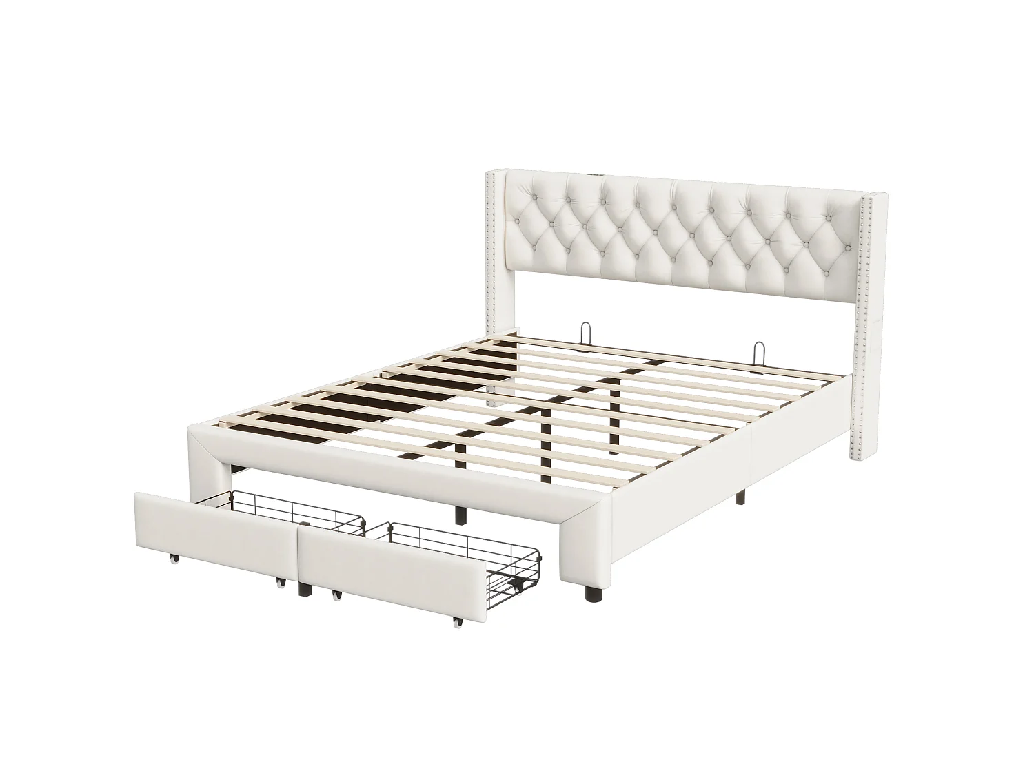DreamMespace Cadre de Lit 140x190 cm - Lit Coffre 2 Tiroirs avec Prise USB & LED RGB, Capitonnage Velours Beige