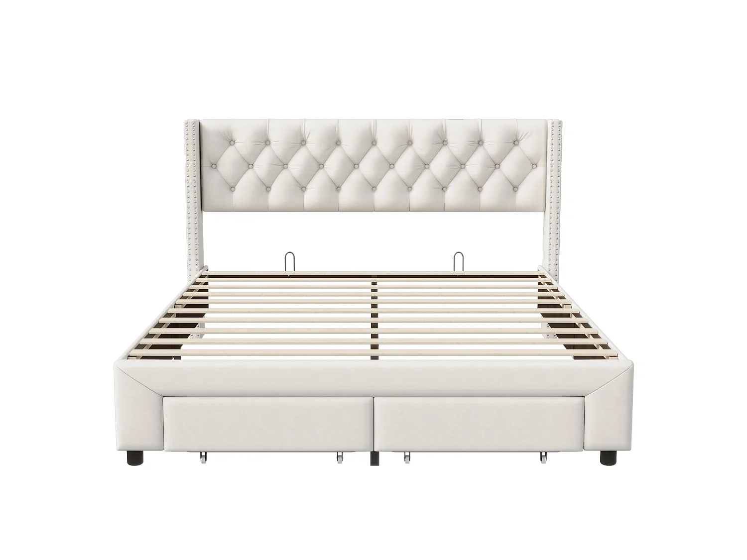 DreamMespace Cadre de Lit 140x190 cm - Lit Coffre 2 Tiroirs avec Prise USB & LED RGB, Capitonnage Velours Beige