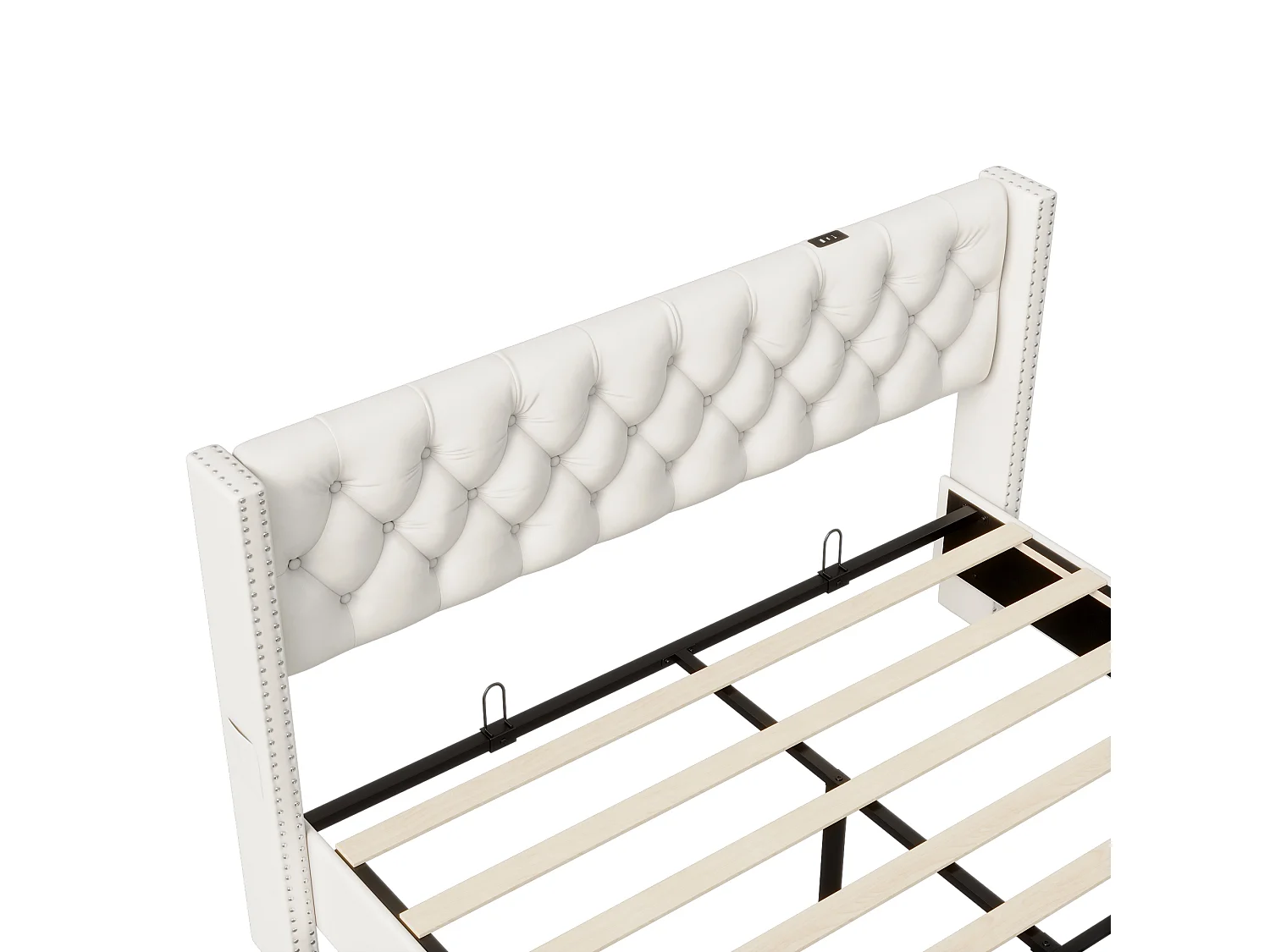DreamMespace Cadre de Lit 140x190 cm - Lit Coffre 2 Tiroirs avec Prise USB & LED RGB, Capitonnage Velours Beige