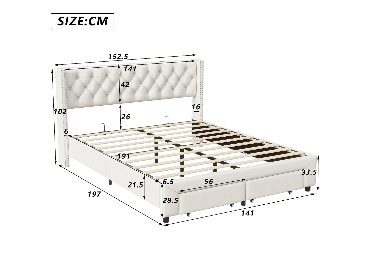 DreamMespace Cadre de Lit 140x190 cm - Lit Coffre 2 Tiroirs avec Prise USB & LED RGB, Capitonnage Velours Beige