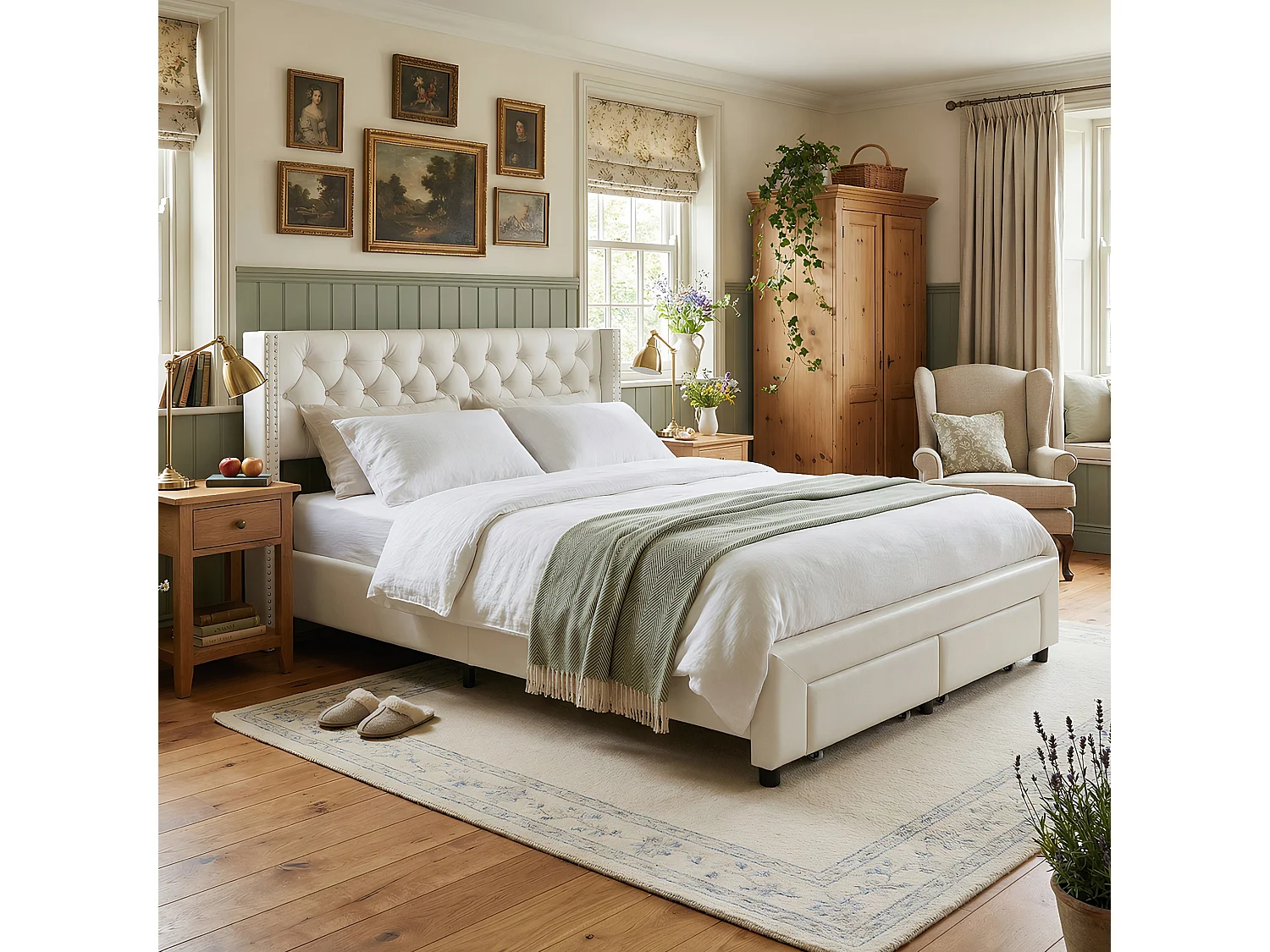 DreamMespace Cadre de Lit 180x200 cm - Lit King Size 2 Tiroirs avec Prise USB & LED RGB, Capitonnage Velours Beige